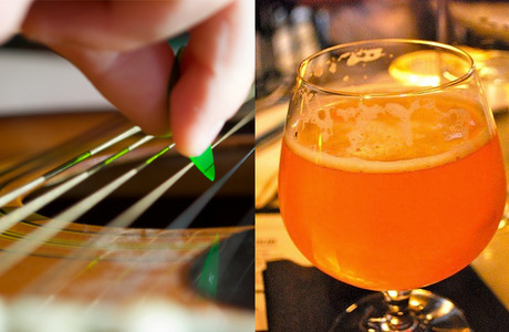 Strum & Sip — guitar pick and craft beer glass, the brand in one image